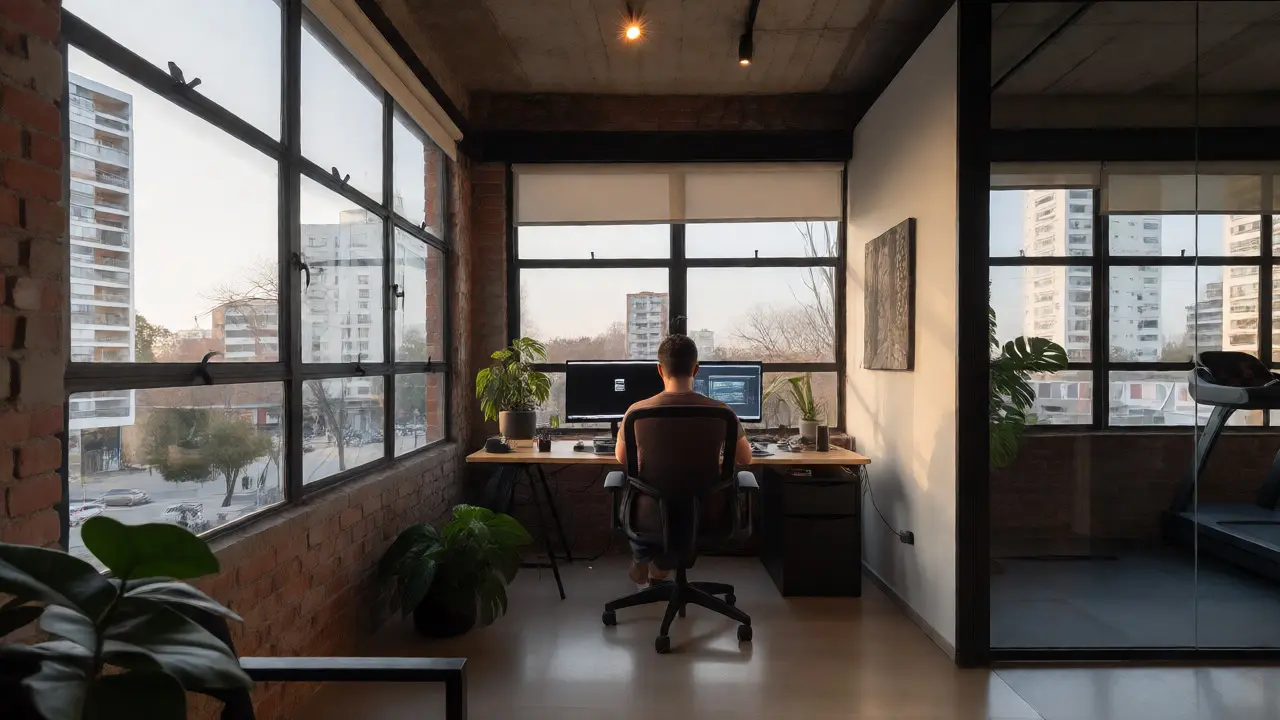 Interior de un loft moderno en Barracas con una persona trabajando frente a ventanas grandes.