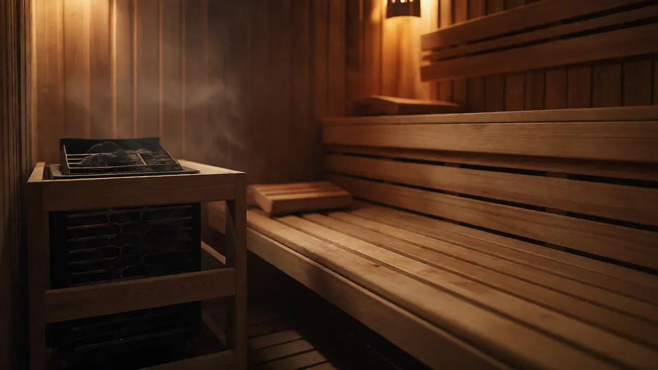 Interior detallado de una sauna finlandesa con estufa caliente y vapor ascendente.