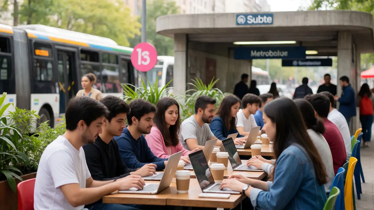 Jóvenes profesionales trabajando al aire libre en un barrio tecnológico