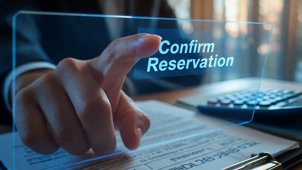 Mano confirmando una reserva online sobre interfaz digital en oficina.