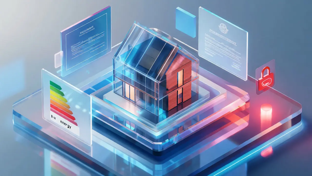 Modelo de casa rodeado de paneles holográficos de certificados y registro