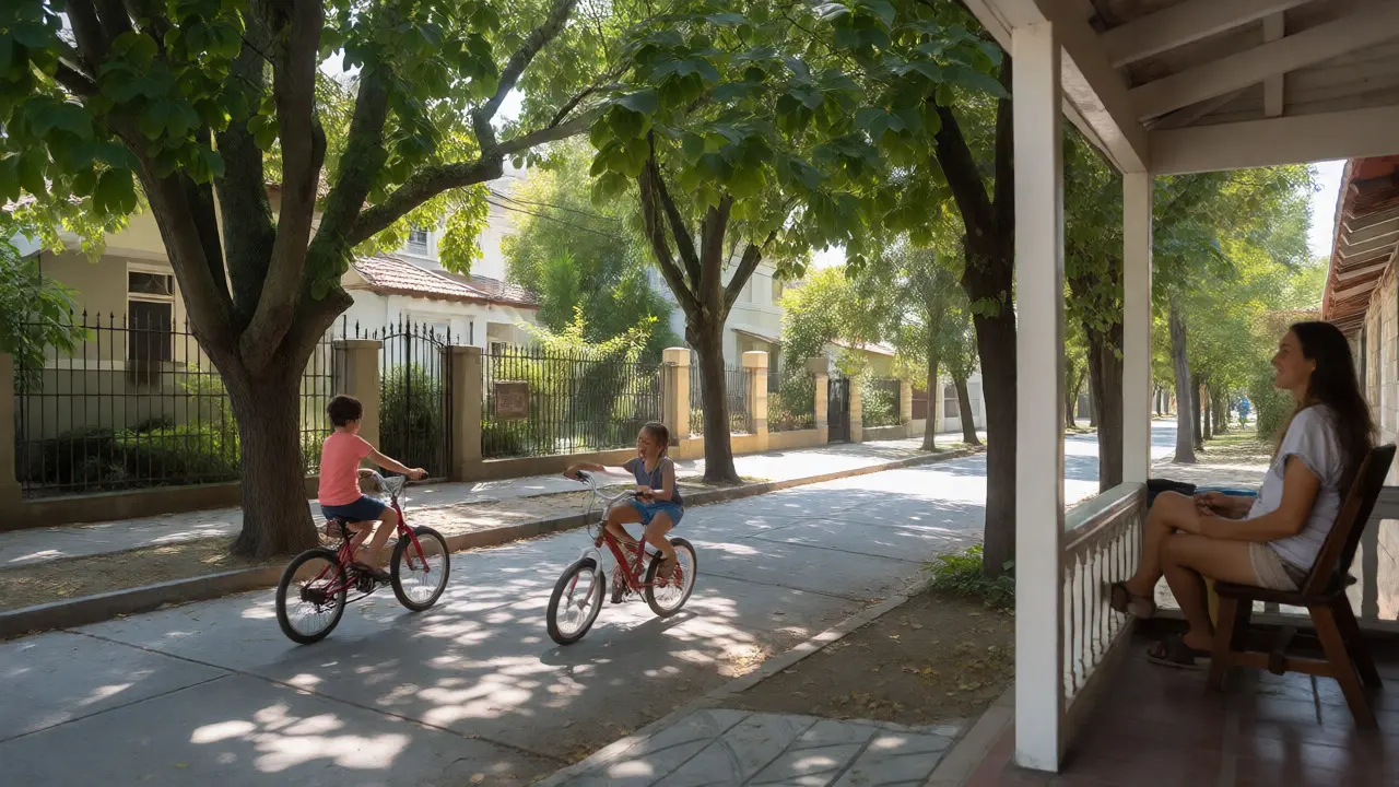 Niños jugando en bicicleta en la calle segura de un barrio privado argentino
