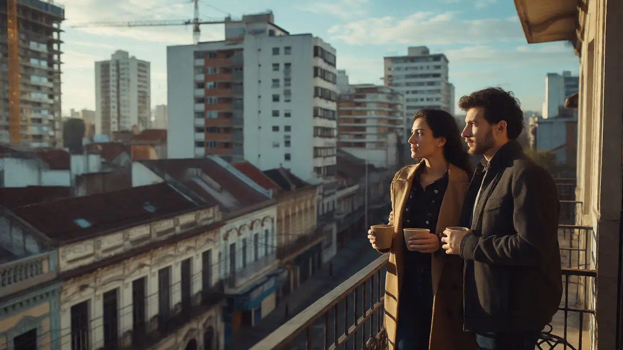 Pareja joven reflexionando en un balcón frente a un paisaje urbano argentino mixto al amanecer.