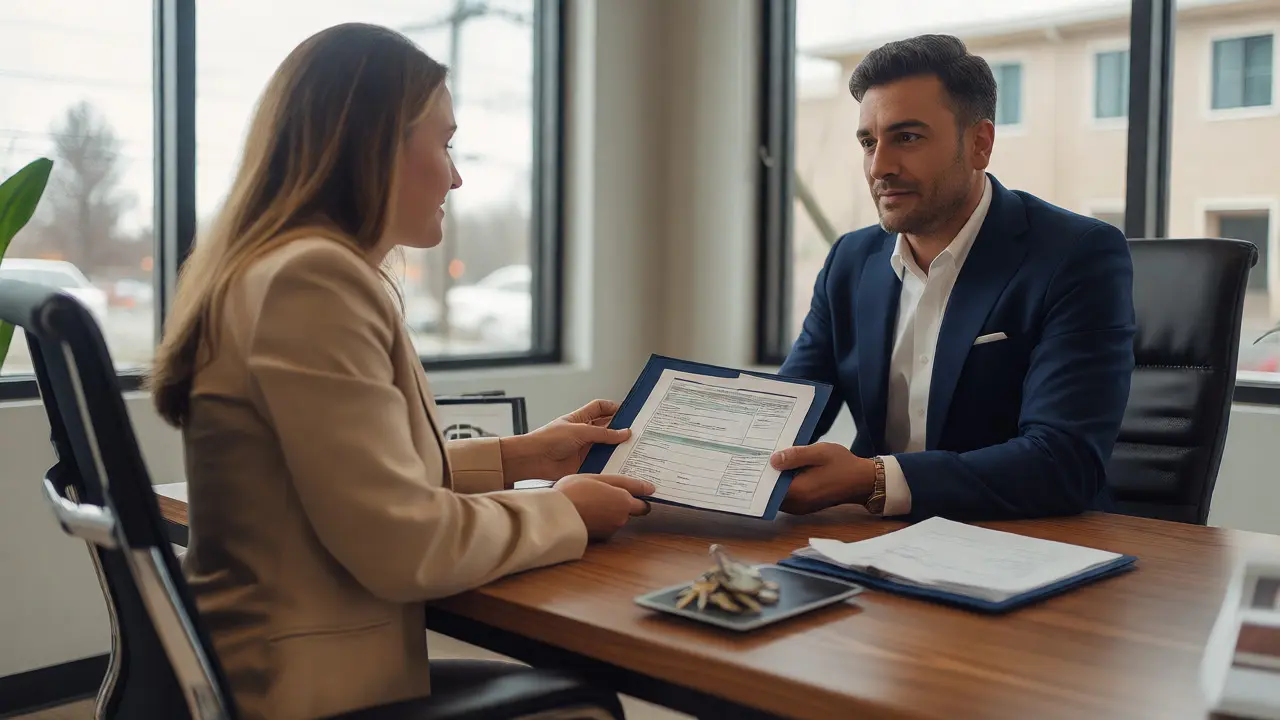 Profesional entregando documentación bancaria a un oficial de crédito en una oficina luminosa.