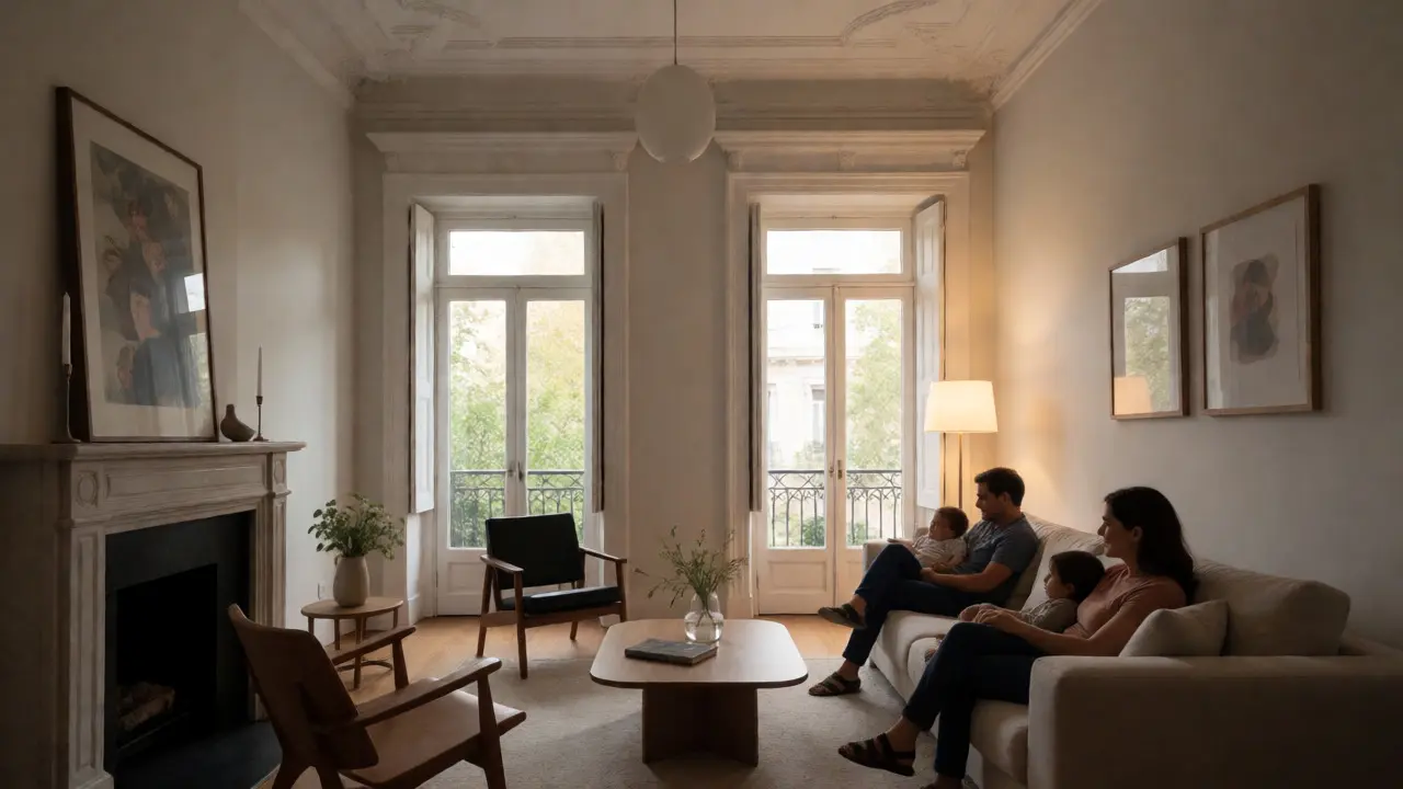 Sala de estar luminosa dentro de un townhouse renovado con diseño contemporáneo y familiar.