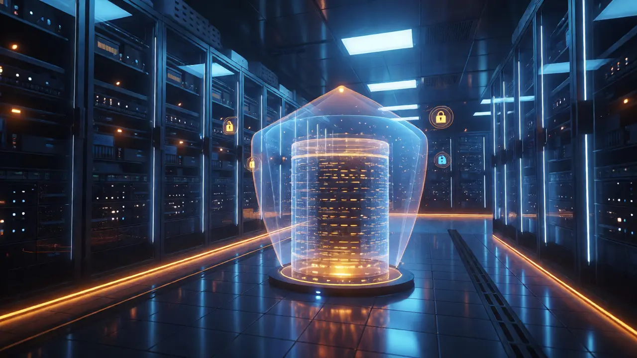 Secure server room with holographic shield protecting real estate databases.