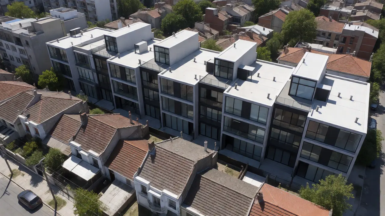 Vista aérea de bloque residencial denso con townhouses modernos contrastando con casas antiguas.