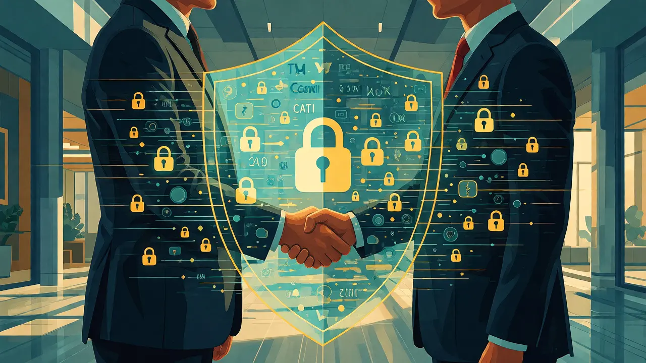 Apretón de manos protegido por escudo digital de datos