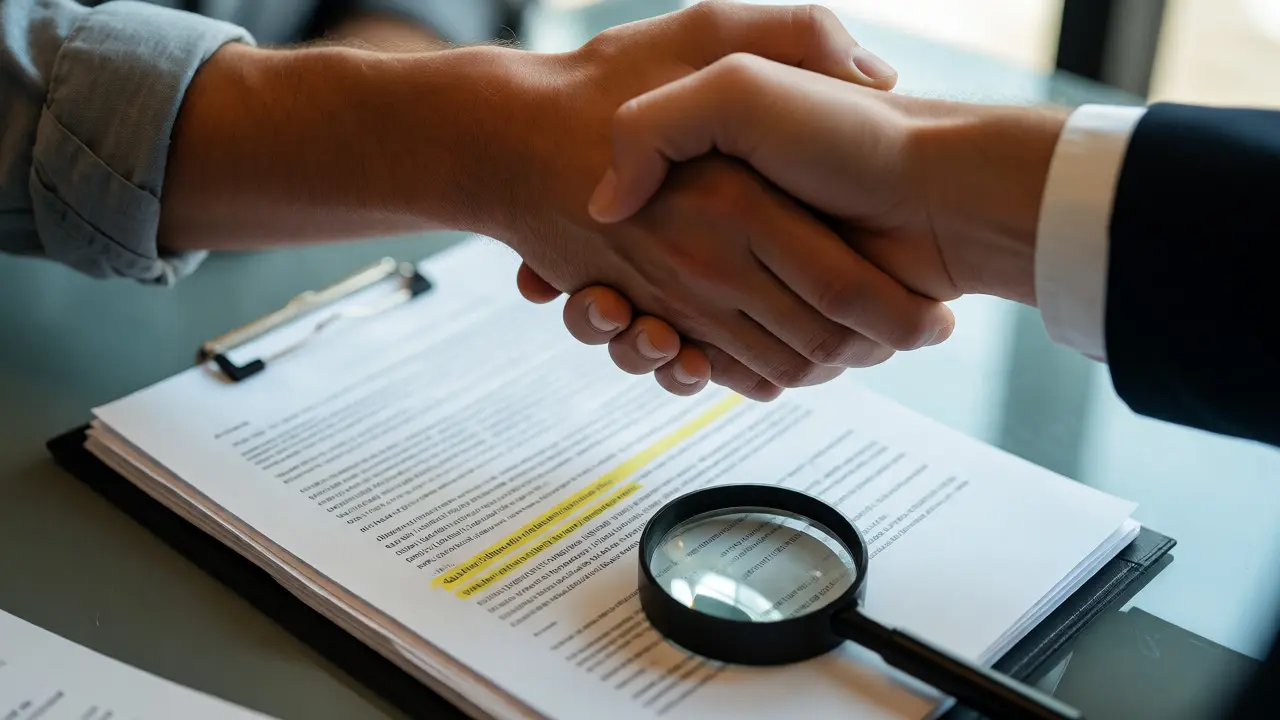 Apretón de manos sobre contrato inmobiliario con lupa resaltando cláusulas