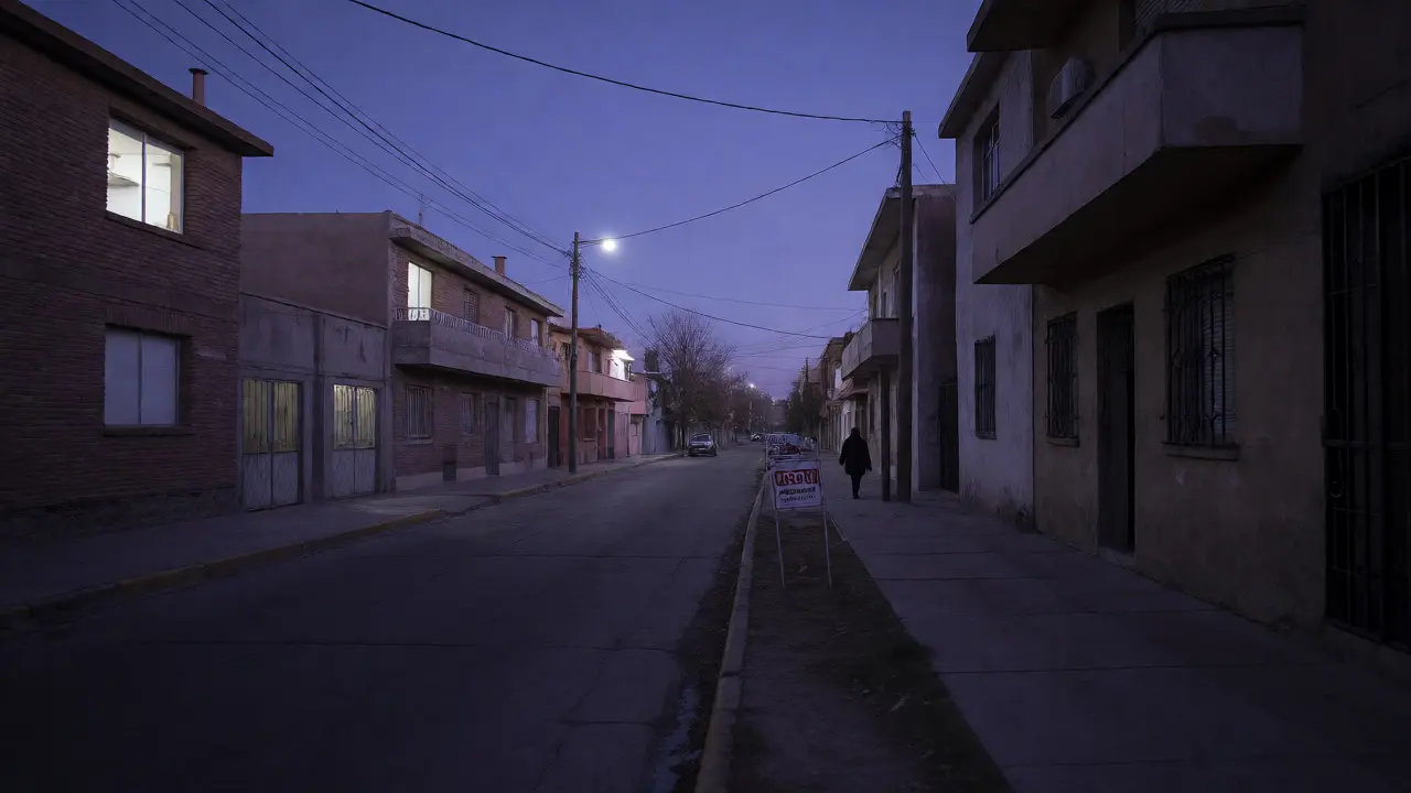 Calle residencial tranquila en Mendoza al anochecer con edificios vacíos.