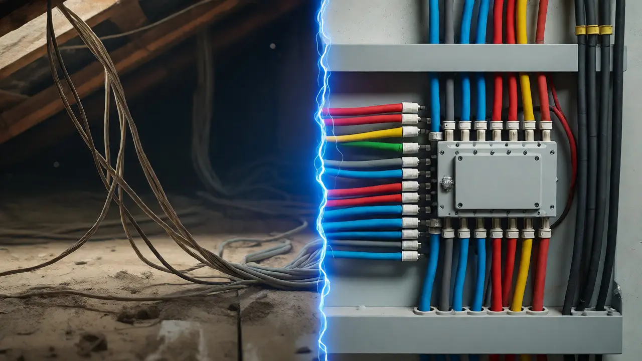 Comparación visual entre cableado antiguo deteriorado y moderno organizado