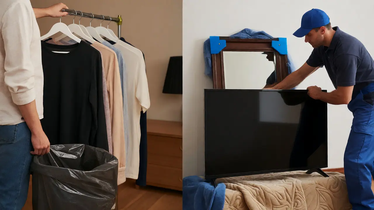 Comparación visual entre embalaje casero de ropa y protección profesional de electrónicos.