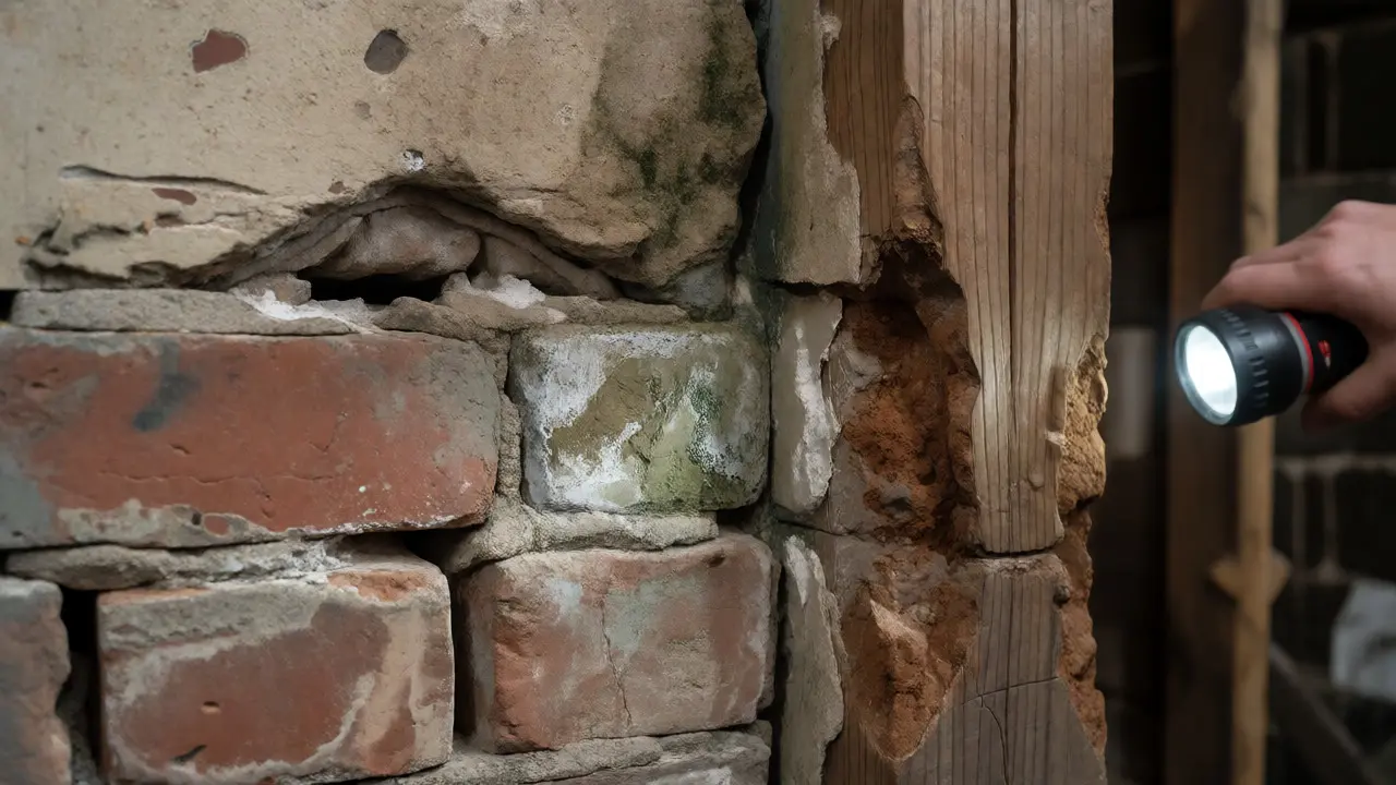 Detalle de humedad ascendente y vigas de madera dañadas en una pared de ladrillo.