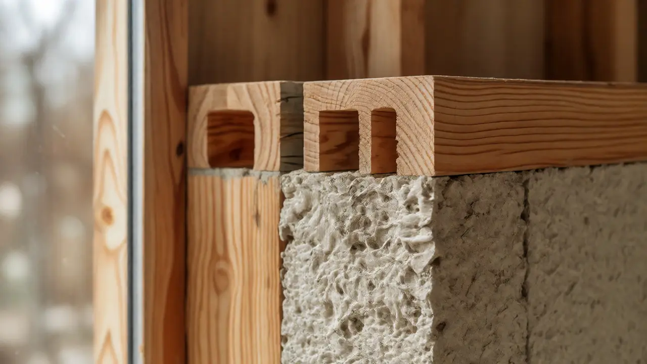 Detalle de muro con madera laminada y aislamiento de cáñamo cal