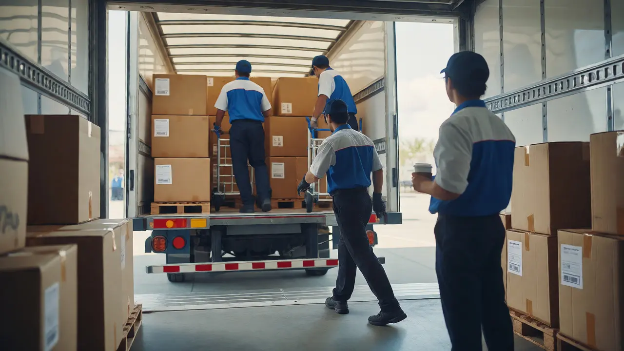 Equipo profesional cargando cajas ordenadas en un camión de mudanzas.