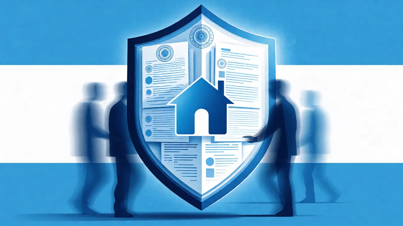 Escudo conceptual de documentos protegiendo una casa de sombras legales