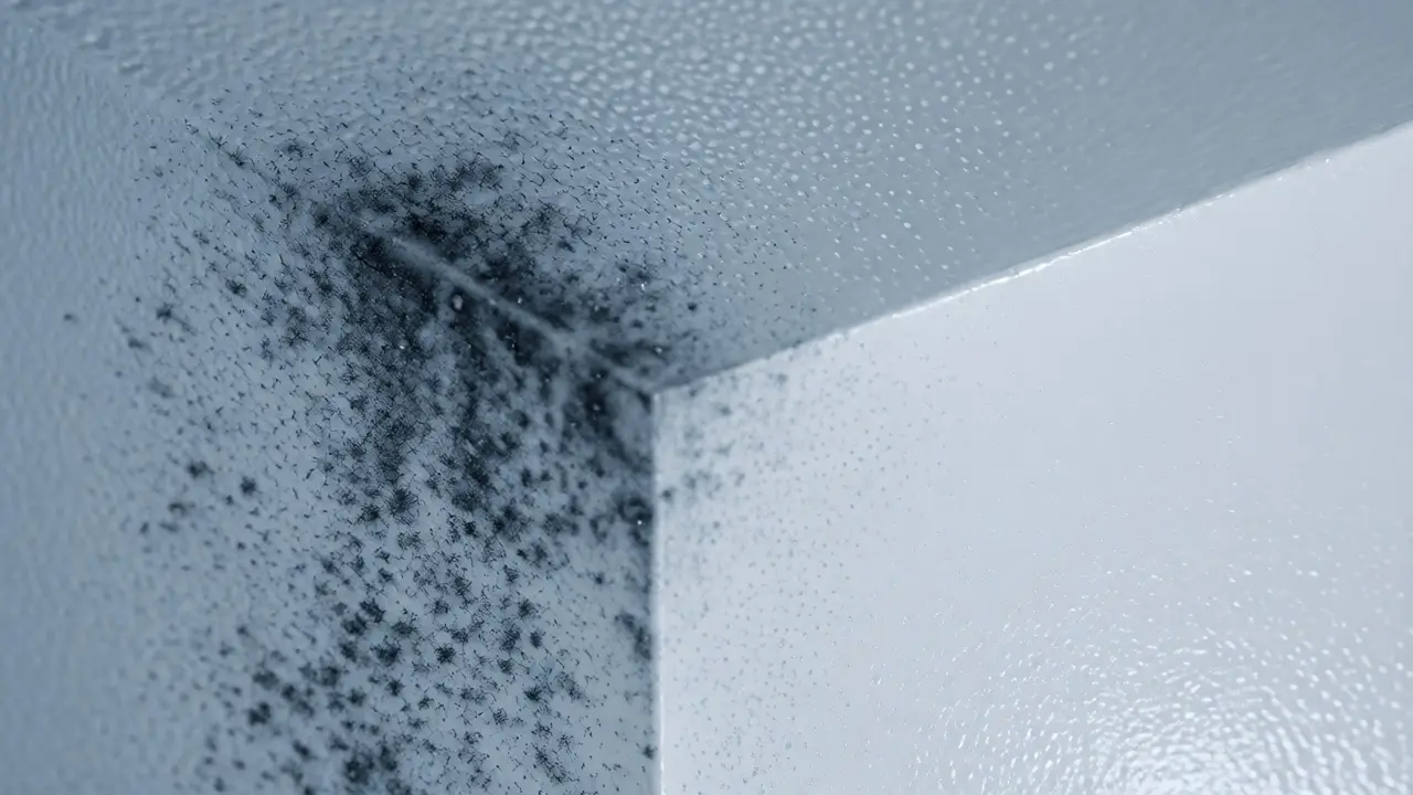 Esquina de baño mostrando la diferencia entre moho y superficie limpia por pintura antihongo.