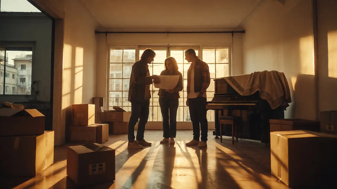 Familia revisando inventario y protegiendo un piano en un departamento vacío al atardecer.