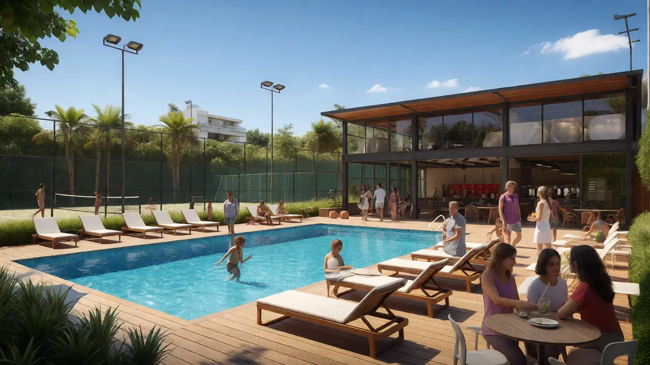 Familias disfrutando de piscina y canchas deportivas en el club house de un complejo residencial.