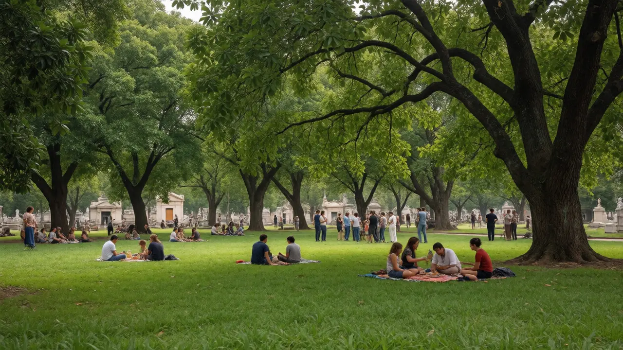 Familias haciendo picnic en el parque verde del cementerio de Chacarita