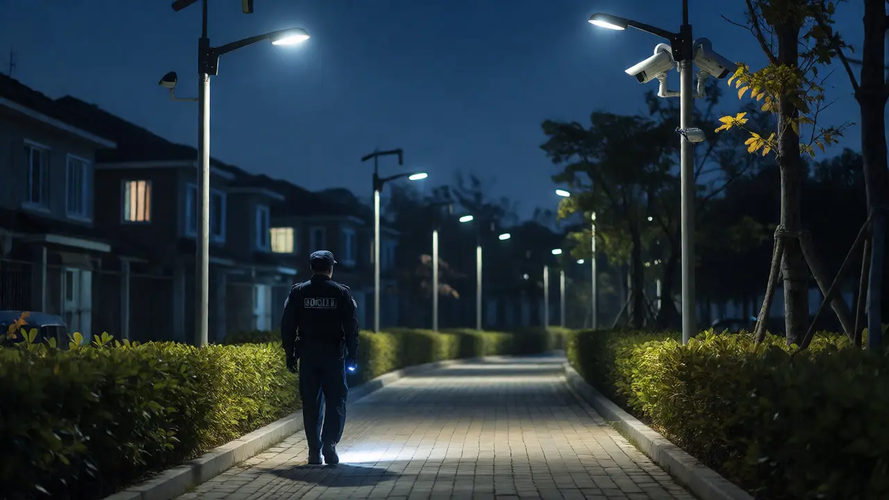 Guardia de seguridad patrullando calles iluminadas por la noche en una comunidad cerrada.