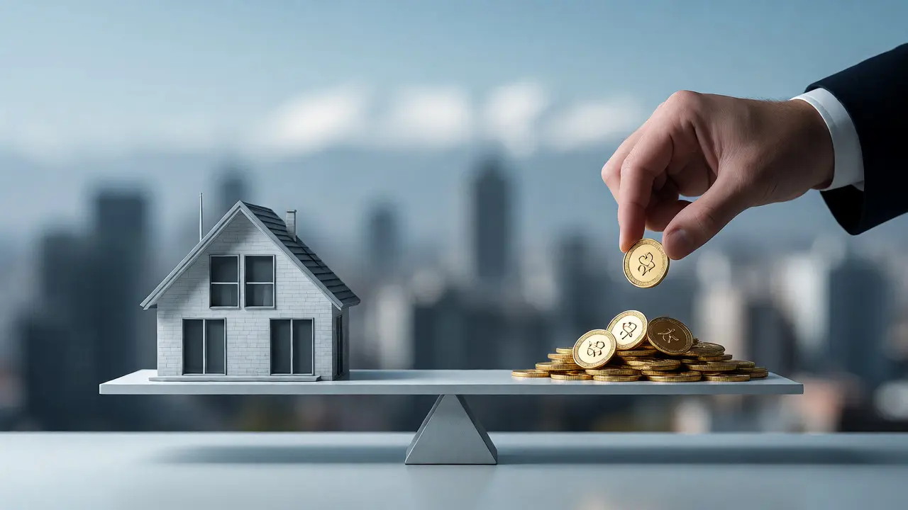 Ilustración conceptual de balanza entre casa y ganancias fiscales