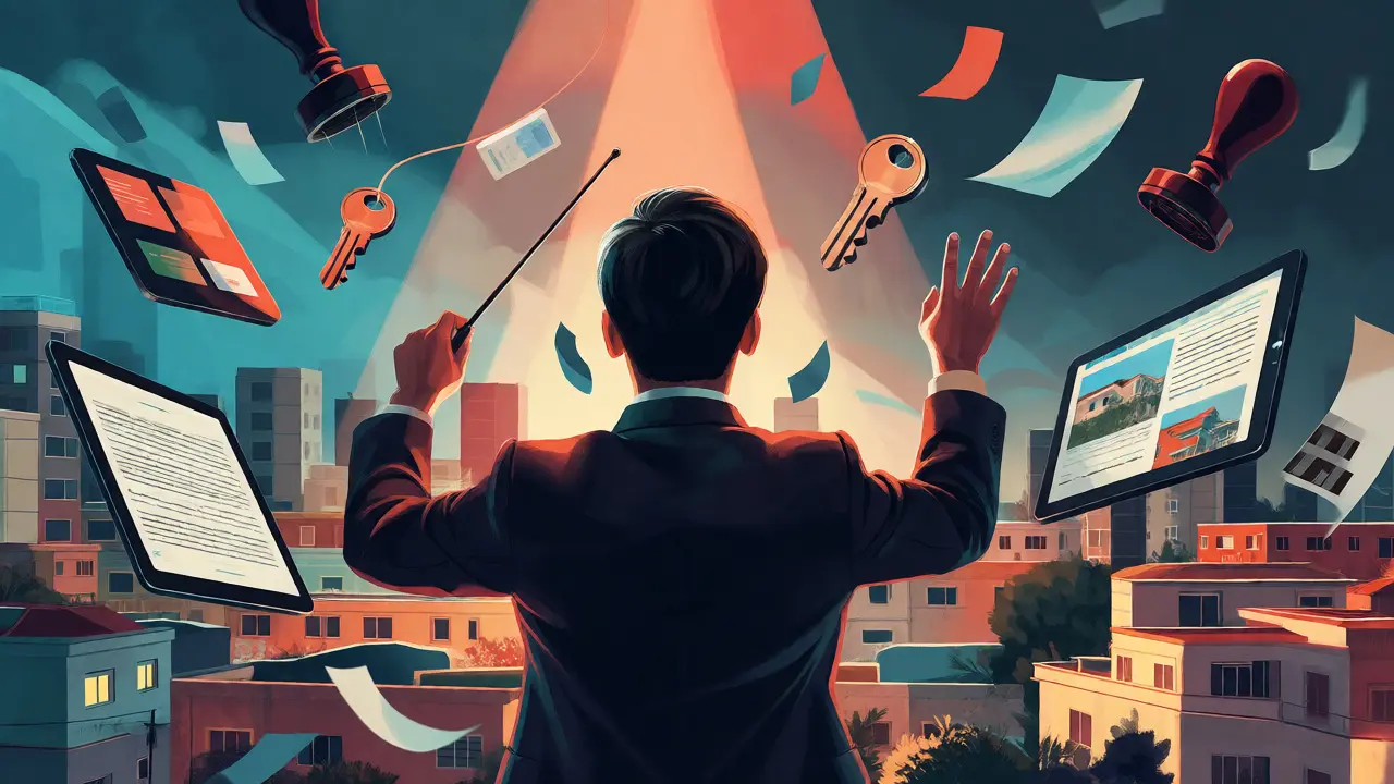 Ilustración conceptual de un agente gestionando trámites y tecnología como un director de orquesta.