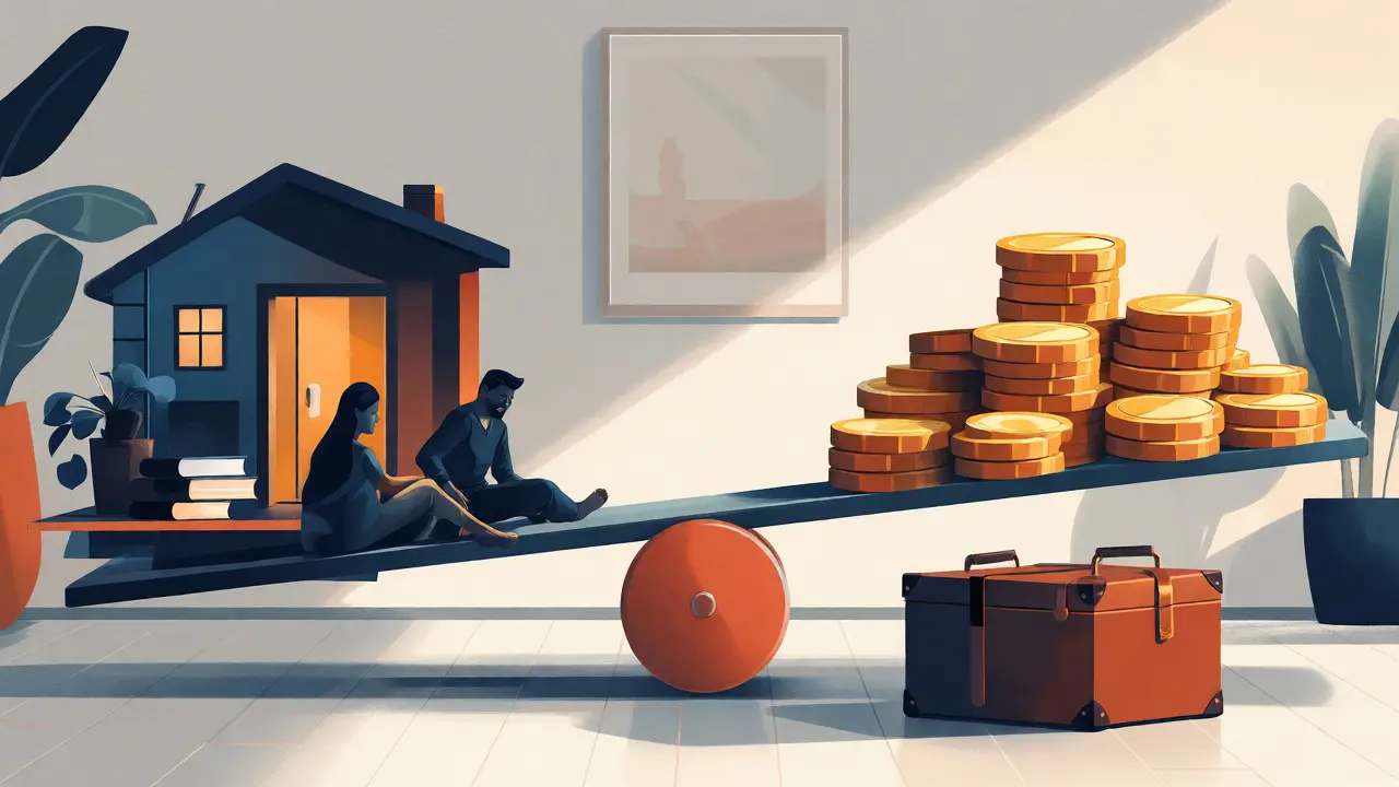 Ilustración conceptual de una balanza entre ingresos turísticos y vivienda residencial estable.