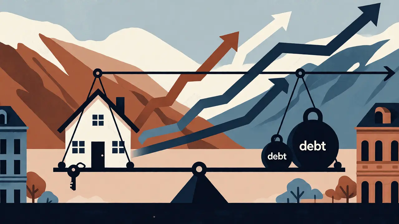 Ilustración conceptual de una balanza entre una casa y la deuda creciente por inflación.