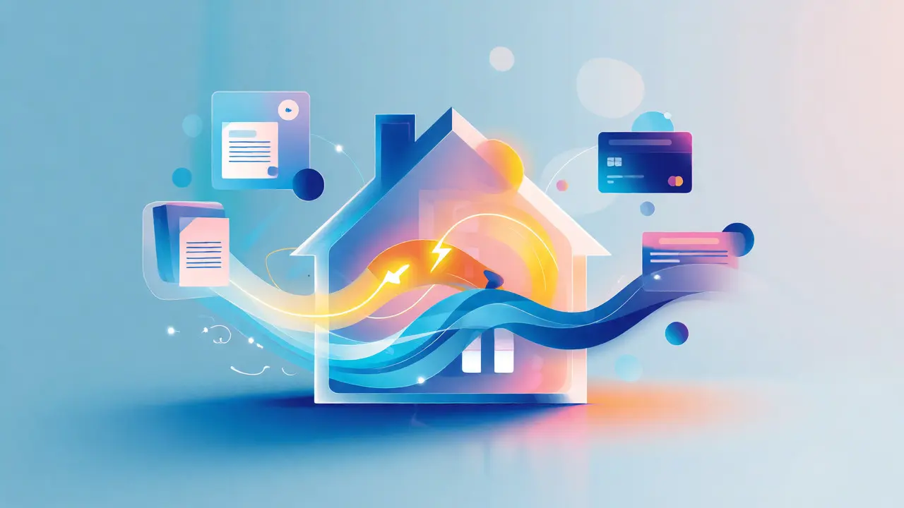 Ilustración conceptual del flujo de servicios de luz, gas y agua hacia un hogar nuevo.