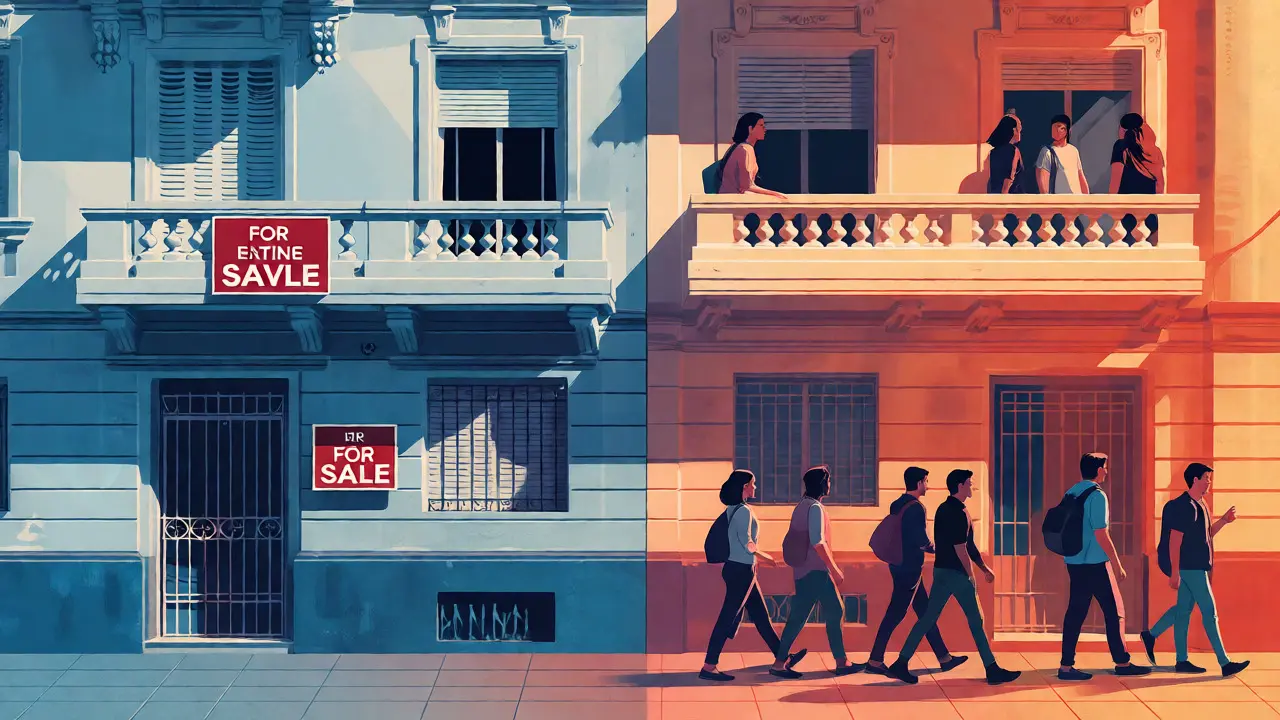Ilustración conceptual que contrasta la venta de propiedades con la alta demanda de alquileres en barrios emergentes de CABA.