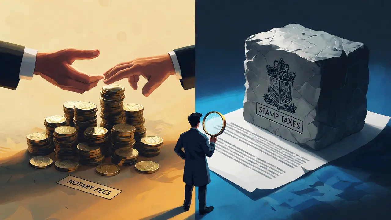 Ilustración conceptual que contrasta los honorarios negociables del escribano con los impuestos fijos provinciales.