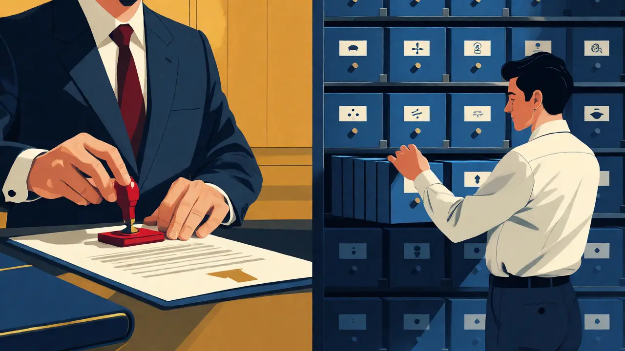 Ilustración de las funciones del notario y el registrador