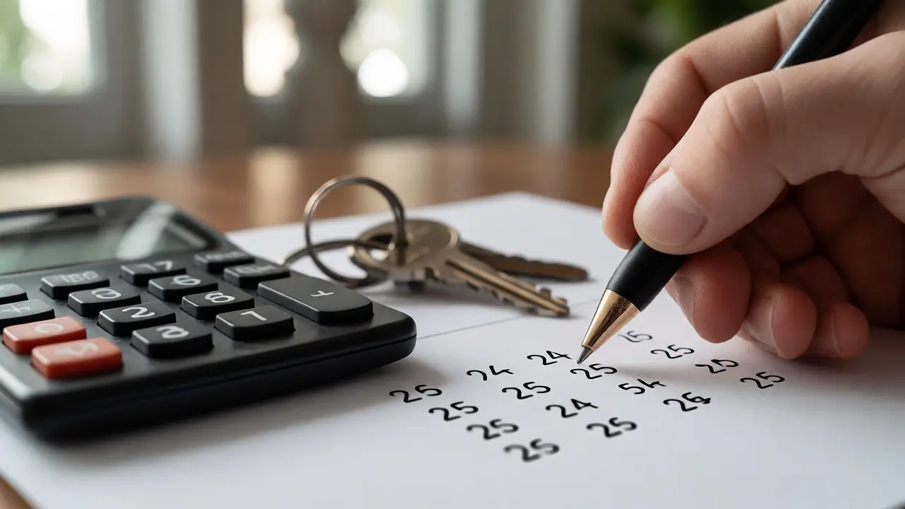 Mano calculando la puntuación final junto a llaves de casa.