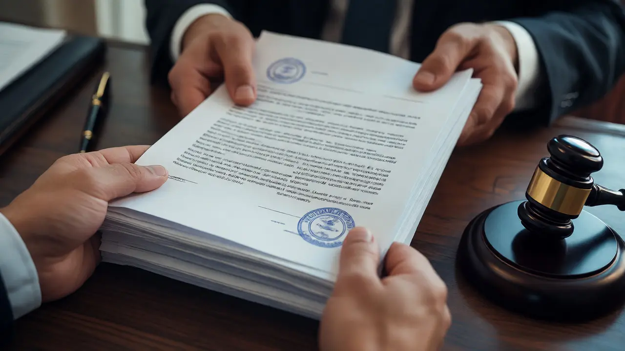 Manos intercambiando documentos legales y sellos