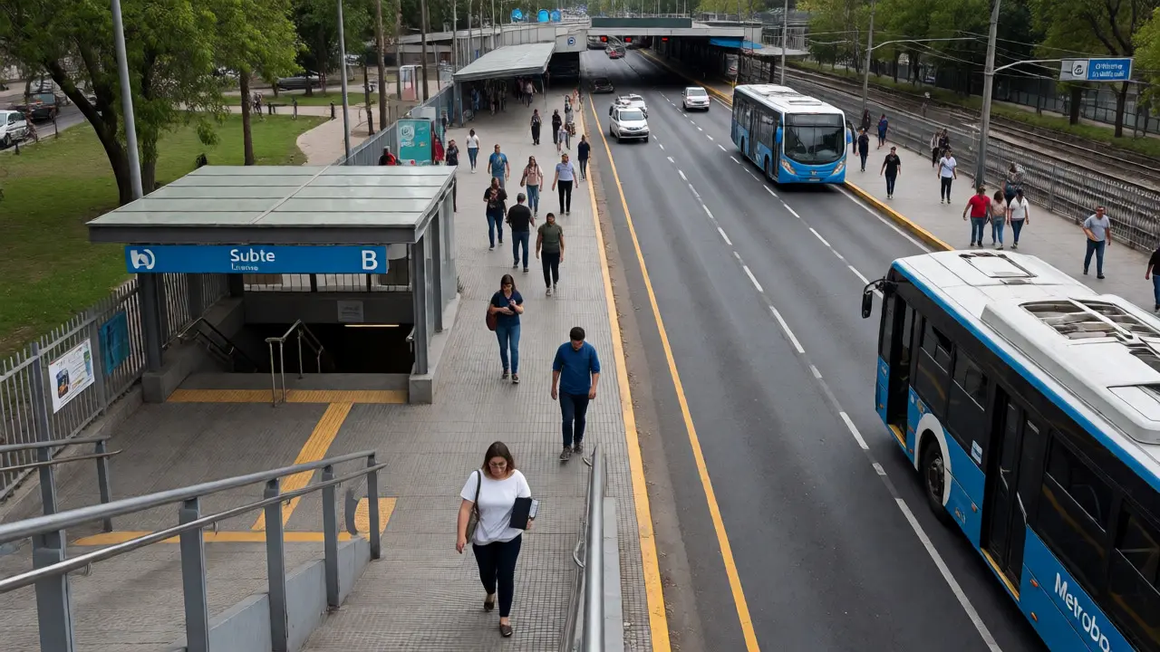 Nodo de transporte en Chacarita con subte, metrobus y peatones en movimiento