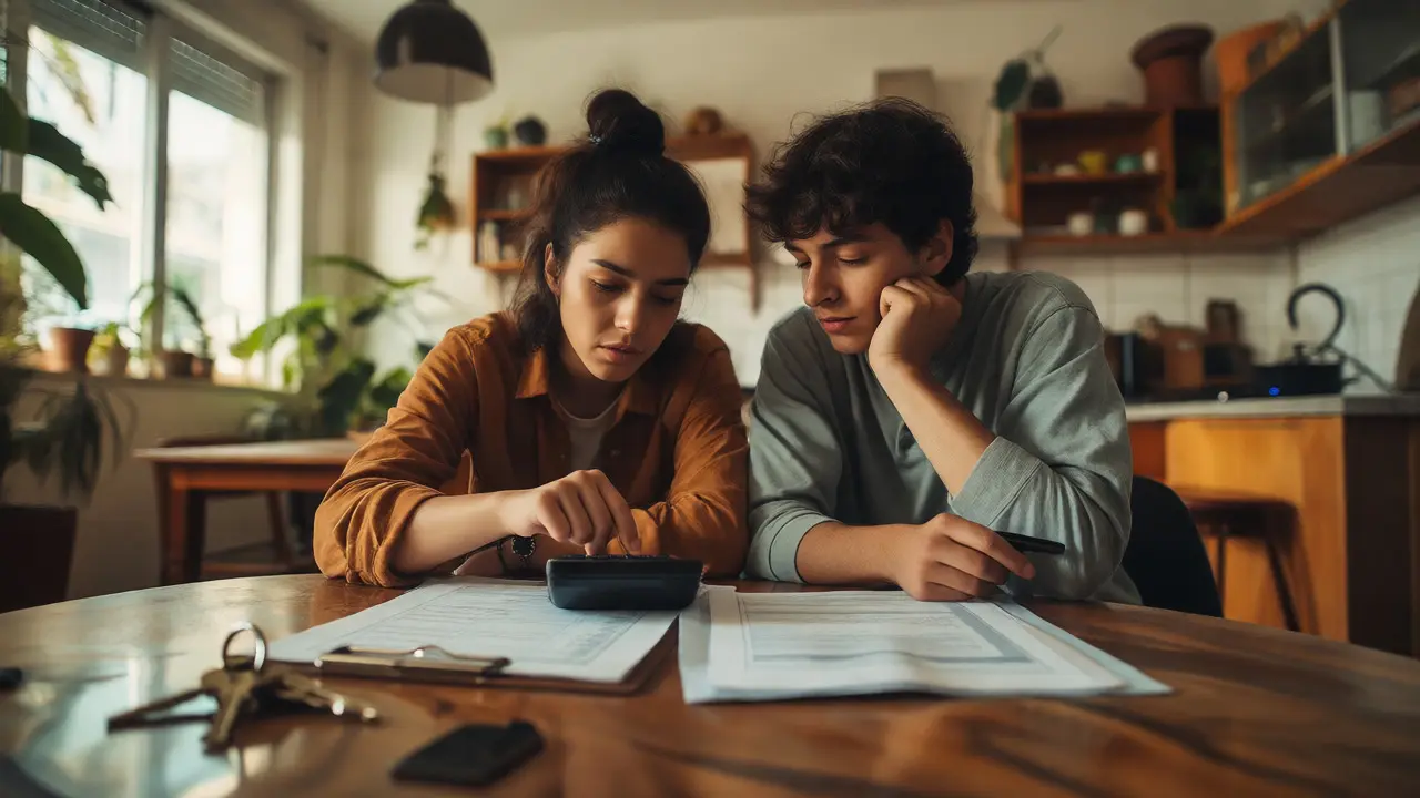 Pareja argentina analizando finanzas y cuotas hipotecarias en casa