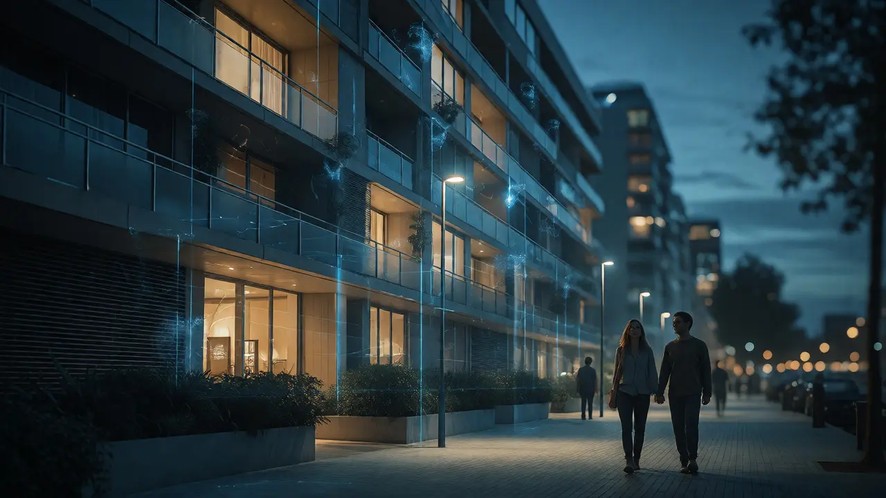 Pareja caminando segura bajo luces modernas en un entorno urbano con tecnología de vigilancia integrada al anochecer.