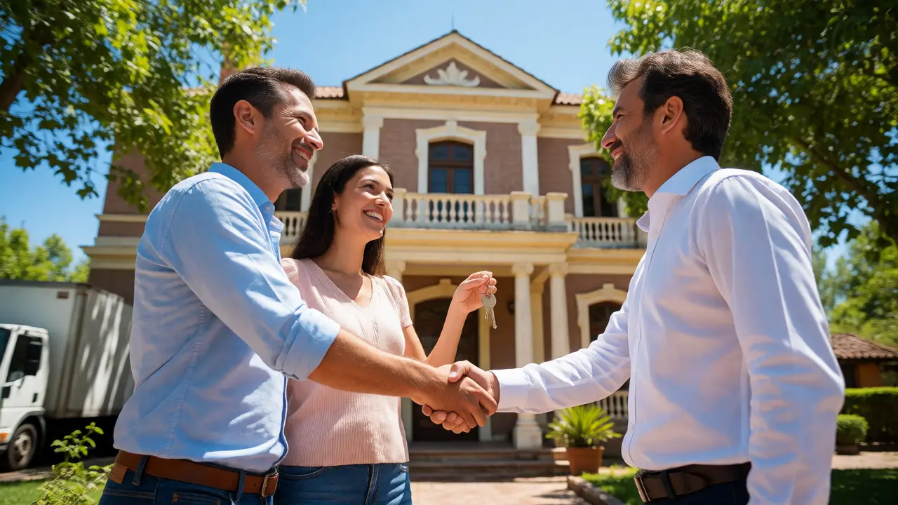 Pareja feliz recibiendo llaves de una casa tras venta exitosa