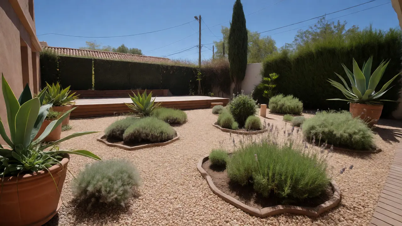 Patio de grava con vegetación nativa y plataforma de madera elevada