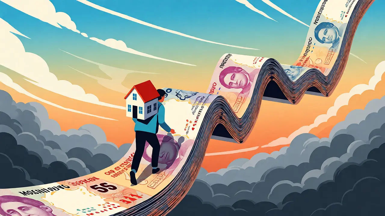 Persona cargando una casa mientras sube un camino de billetes estirados.