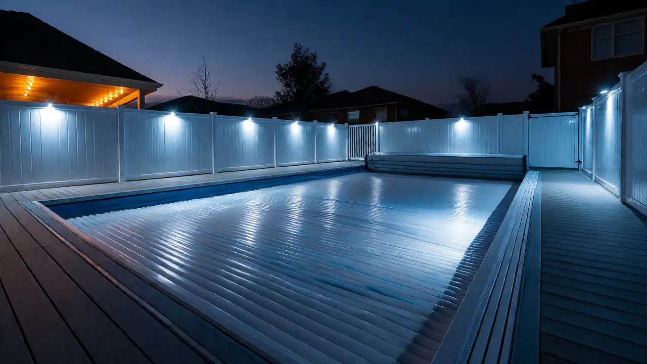 Piscina vacía cubierta por tapa de seguridad rígida con iluminación ambiental nocturna.