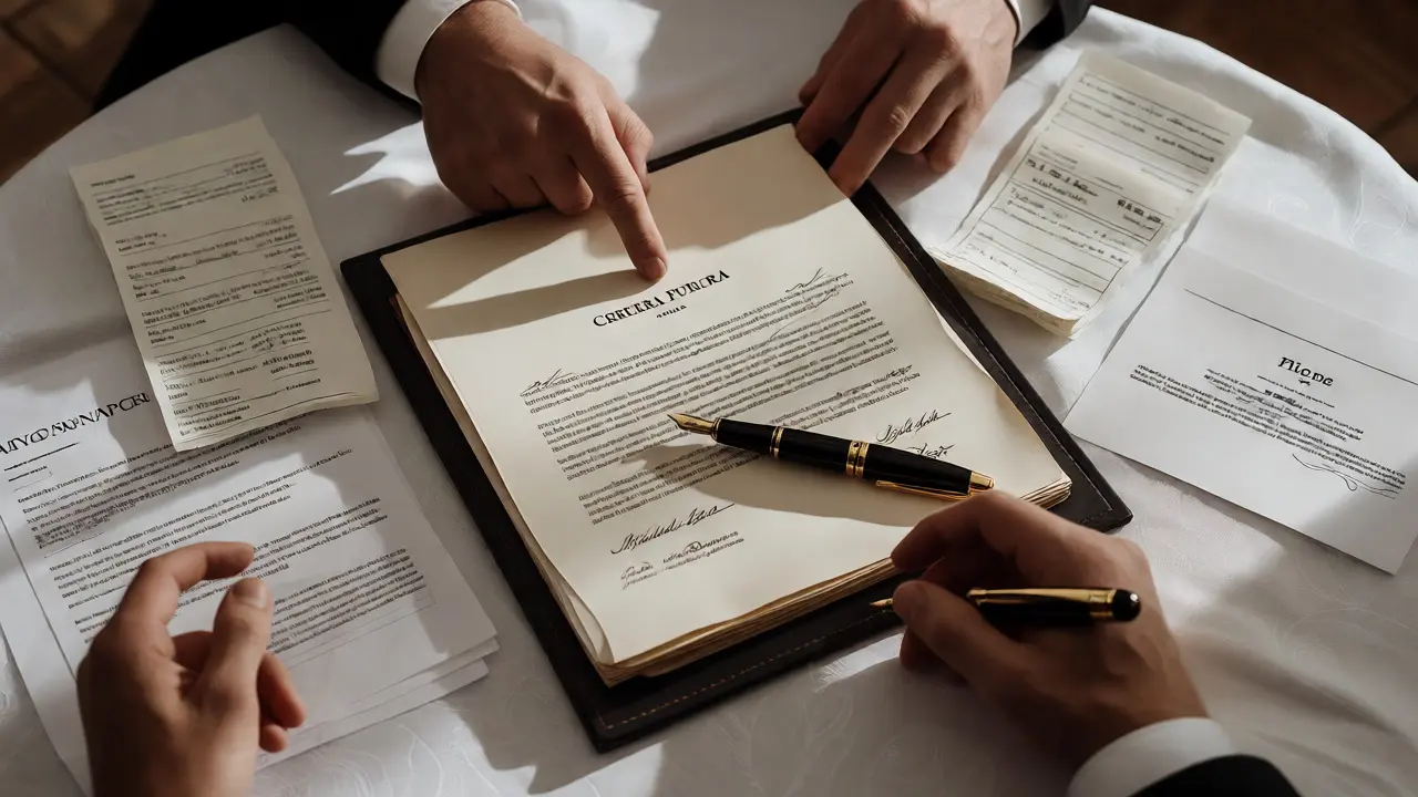 Primer plano de manos firmando una escritura pública sobre una mesa con documentos bancarios y recibos.
