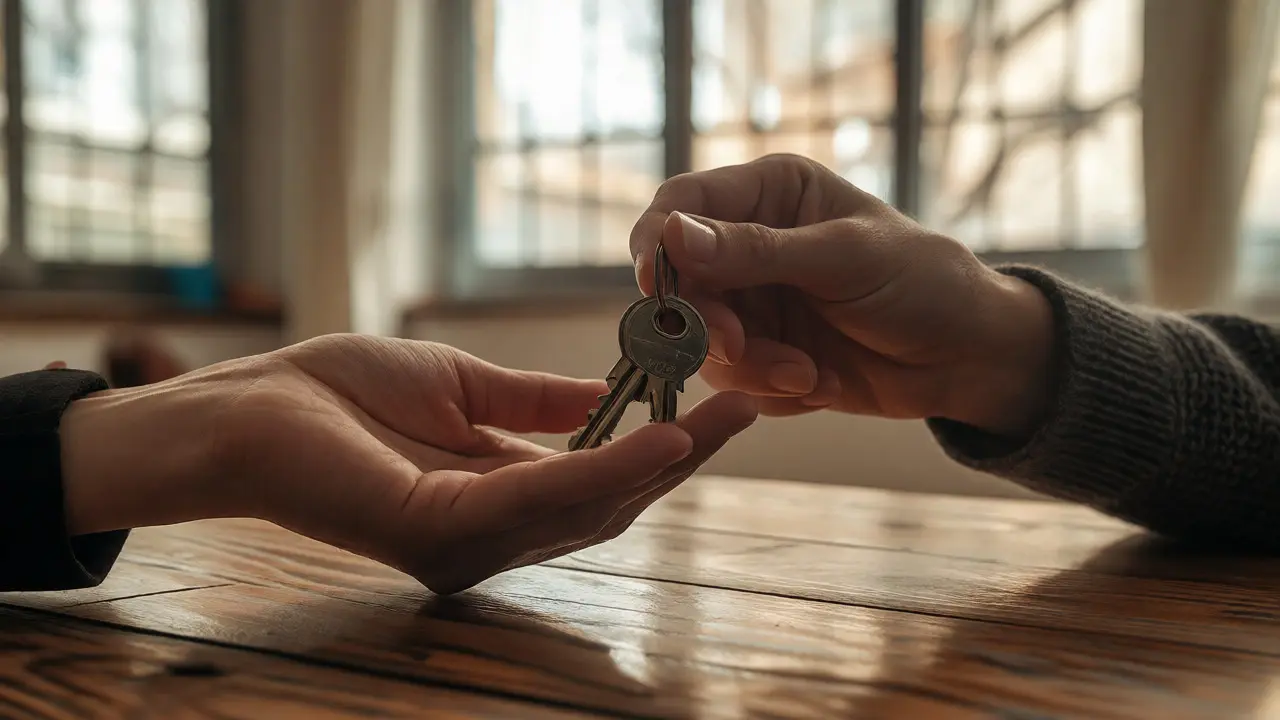 Primer plano de manos intercambiando llaves en un departamento luminoso, simbolizando la negociación inmobiliaria en Argentina.