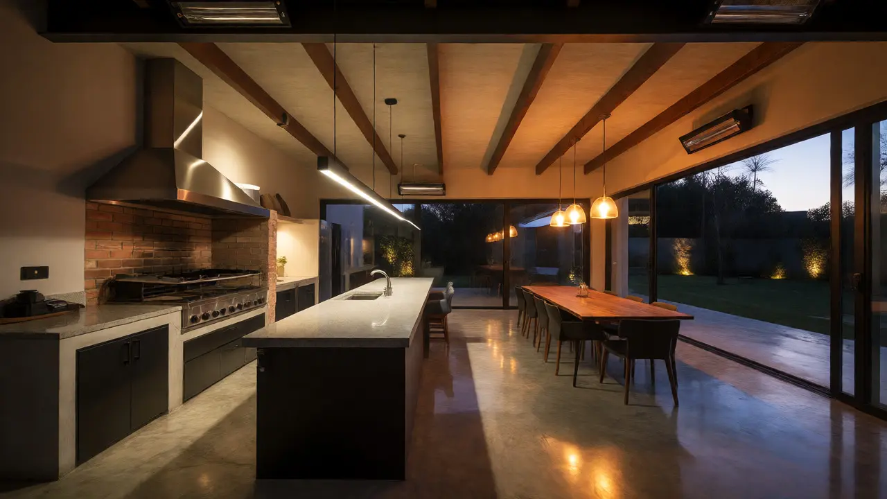 Quincho moderno con isla de granito, parrilla y iluminación cálida