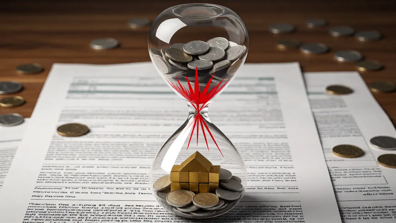 Reloj de arena conceptual con monedas transformándose en casas protegidas