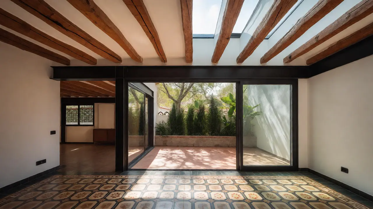 Sala de estar moderna con patio interno iluminado por tragaluces y puertas de vidrio.