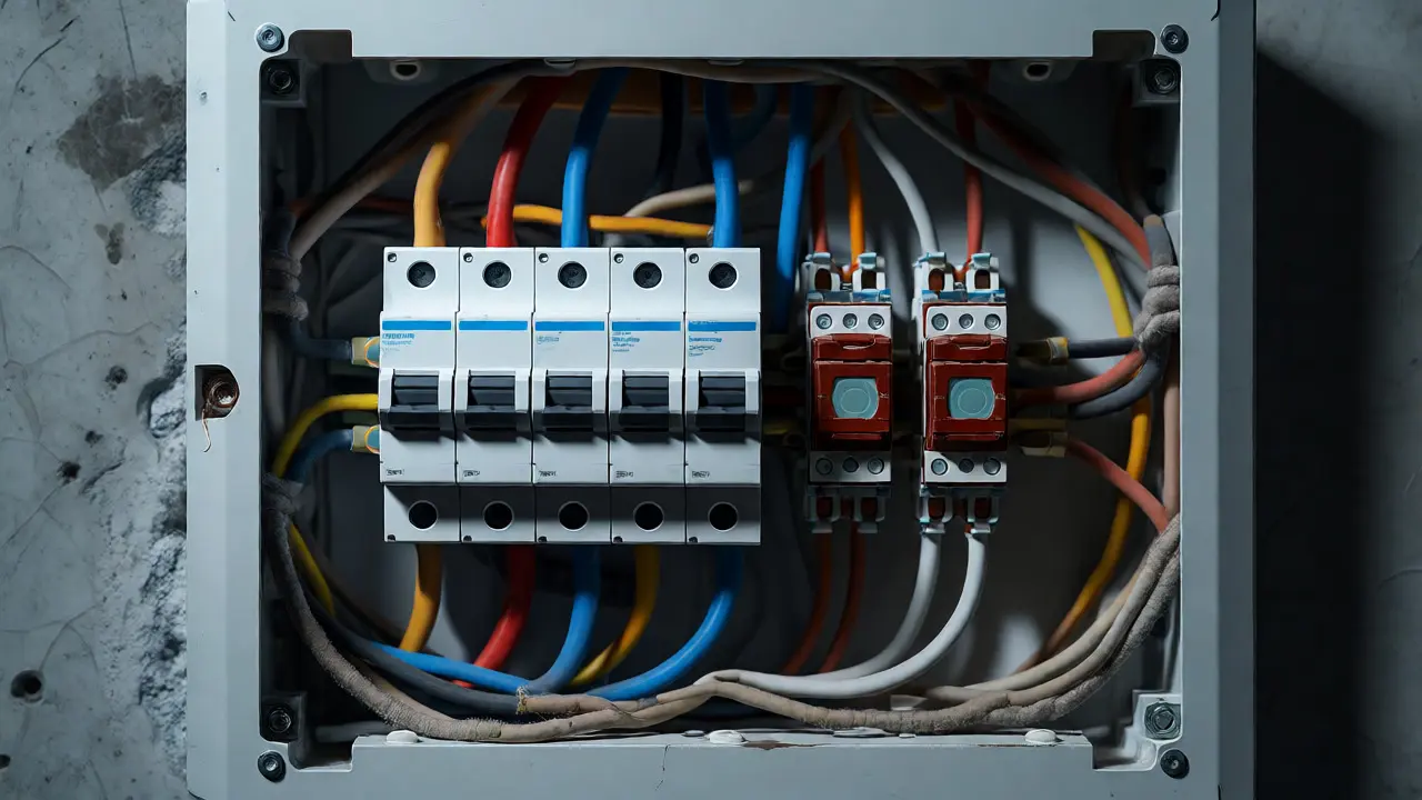 Tablero eléctrico desordenado con fusibles viejos y cables expuestos