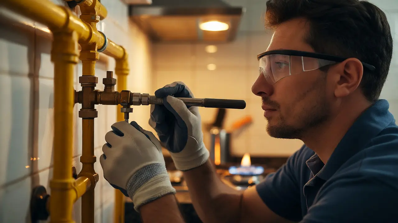 Técnico especializado inspeccionando válvulas y tuberías de gas en una cocina.