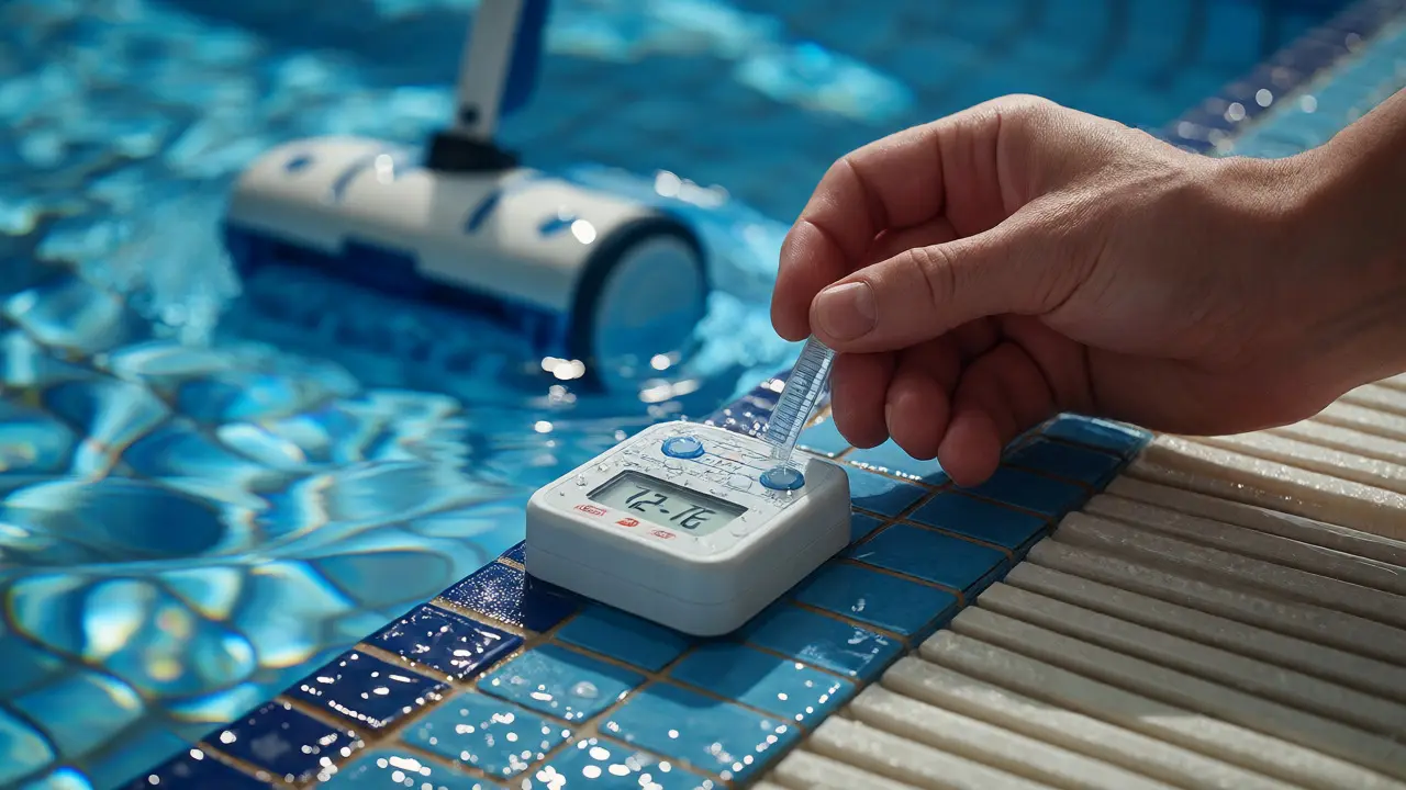 Técnico midiendo parámetros químicos del agua con kit profesional al borde de la piscina.